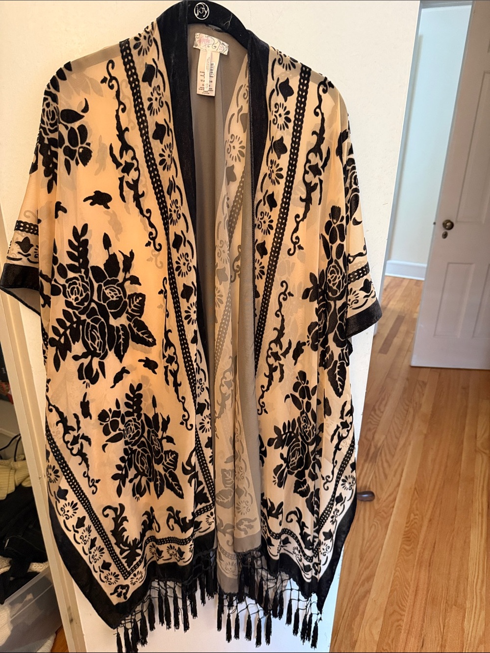 Free People Black & Cream Floral Velvet Burnout Kimono